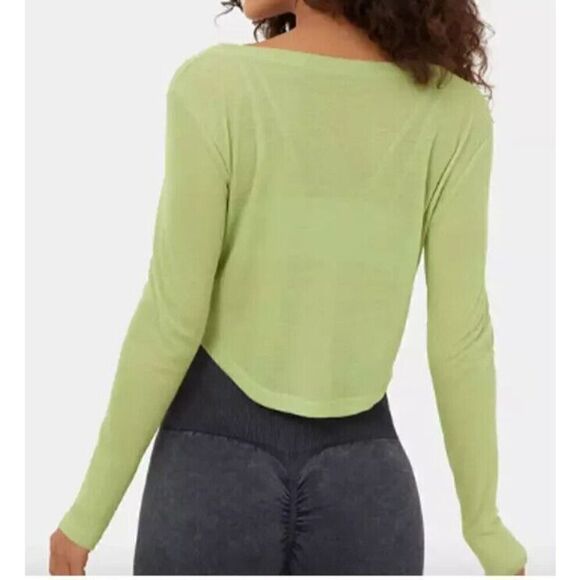 Halara Women's Sz S Reed Green V-Neck Button L/S Curved Hem Cropped Top - Picture 9 of 9